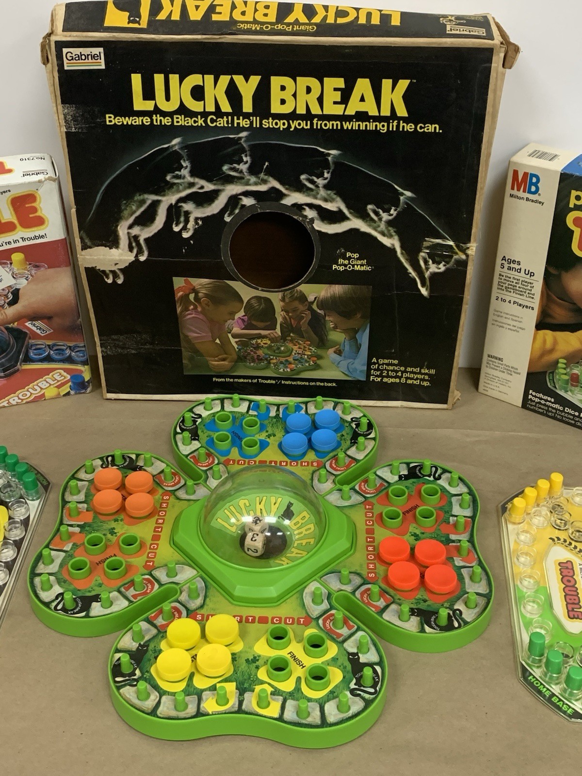 Vintage Family Game 3pc Lot Gabriel PopOMatic Lucky Break Milton Bradley Trouble