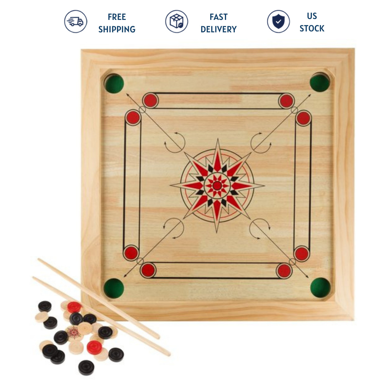 Rockin’ Rollers Carrom Board Game Set 26″ Wooden Board with Coins