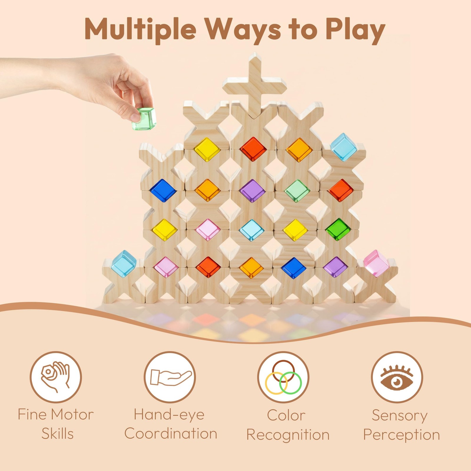 Wooden Building Blocks 48 PCS Rainbow Acrylic Gem Cubes Montessori STEM 3-6 Kids