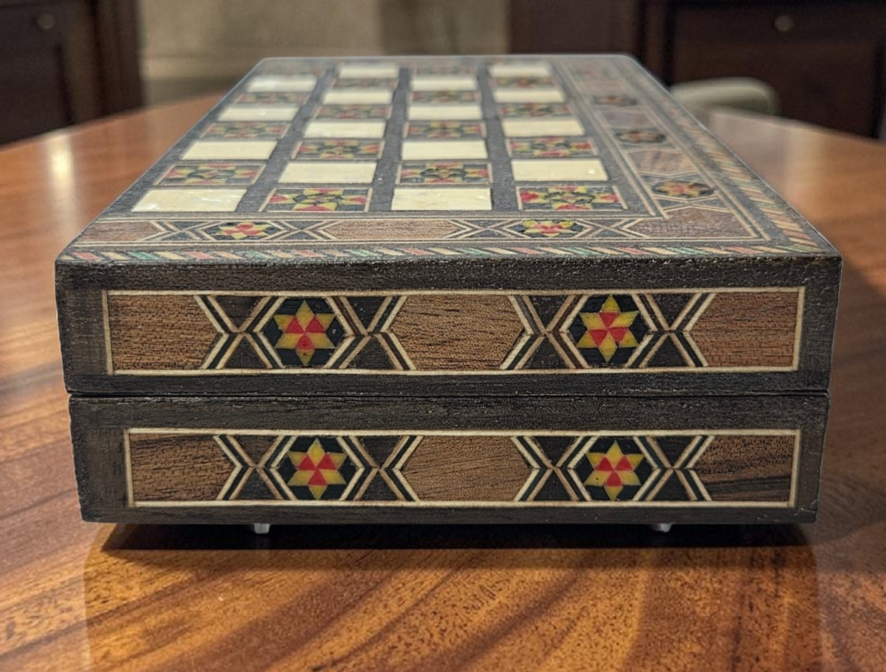 Lebanese Backgammon And Checker Board Set With Mother Of Pearl/Walnut Inlays