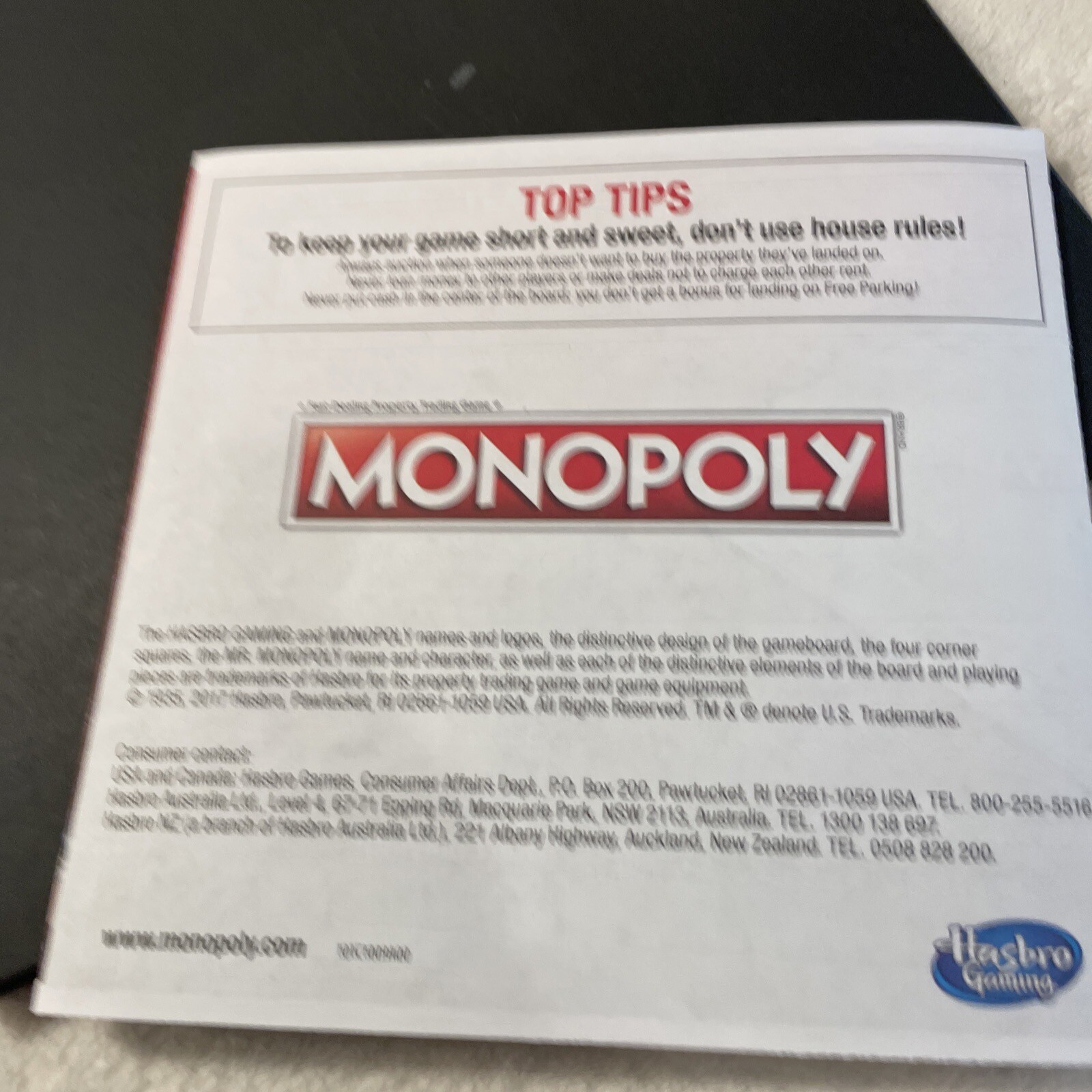 Monopoly Board Game Replacement Board & Instruction Manual Booklet Only