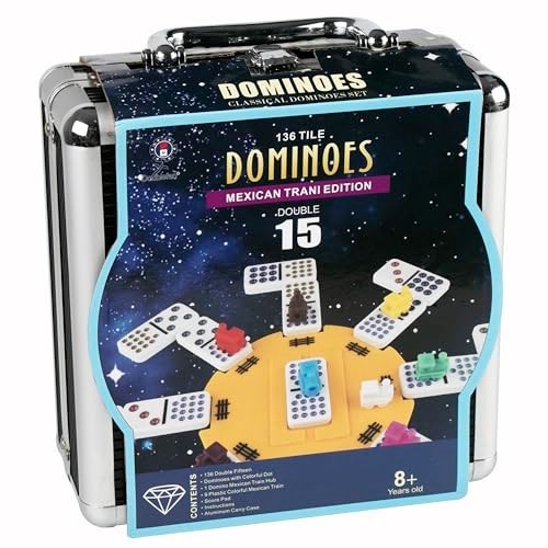 Dominoes Set Double 15 Colored Dot Mexican Train Game 136 Tiles Aluminum Case