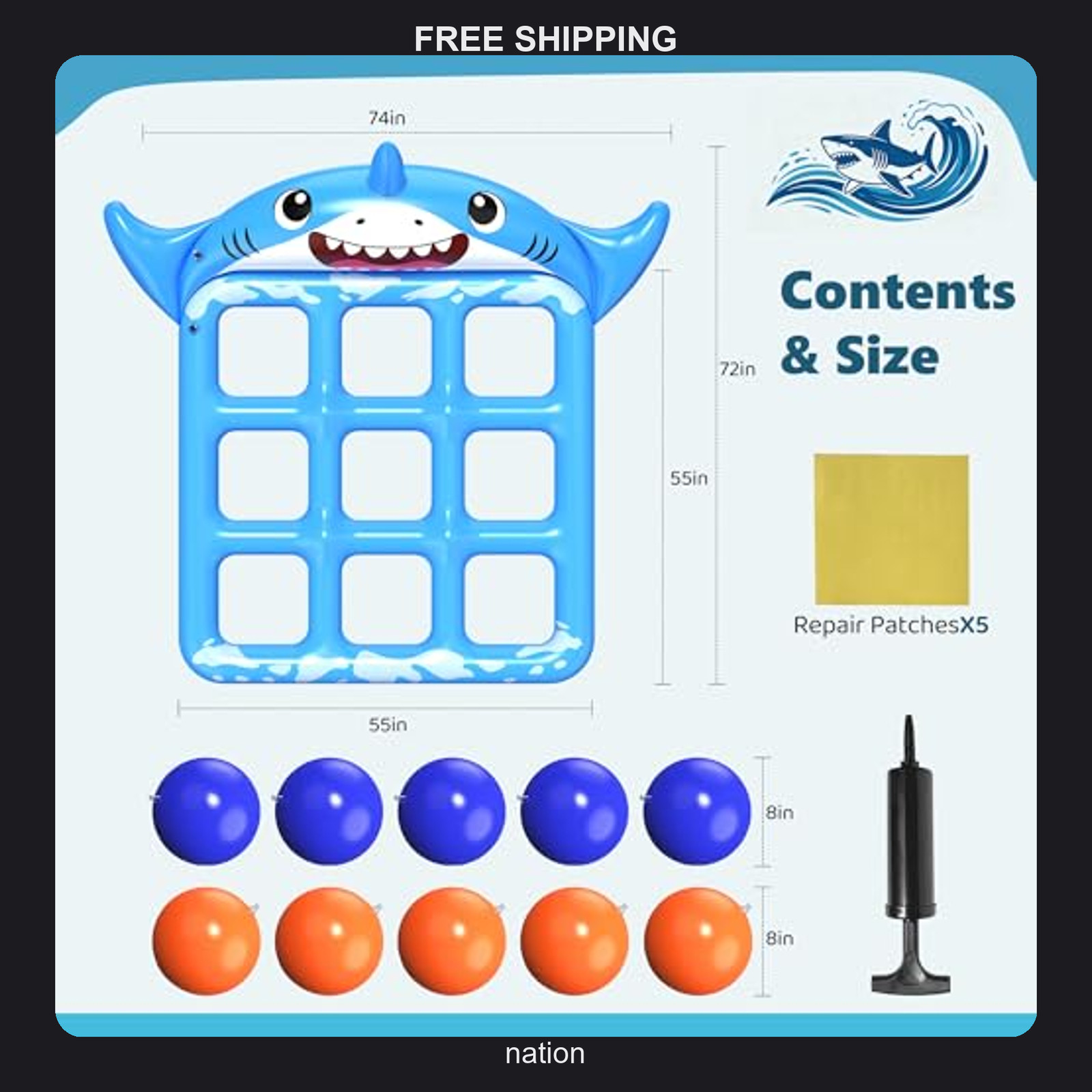 Giant Inflatable Shark Tic-Tac-Toe Pool Game for Kids Adults