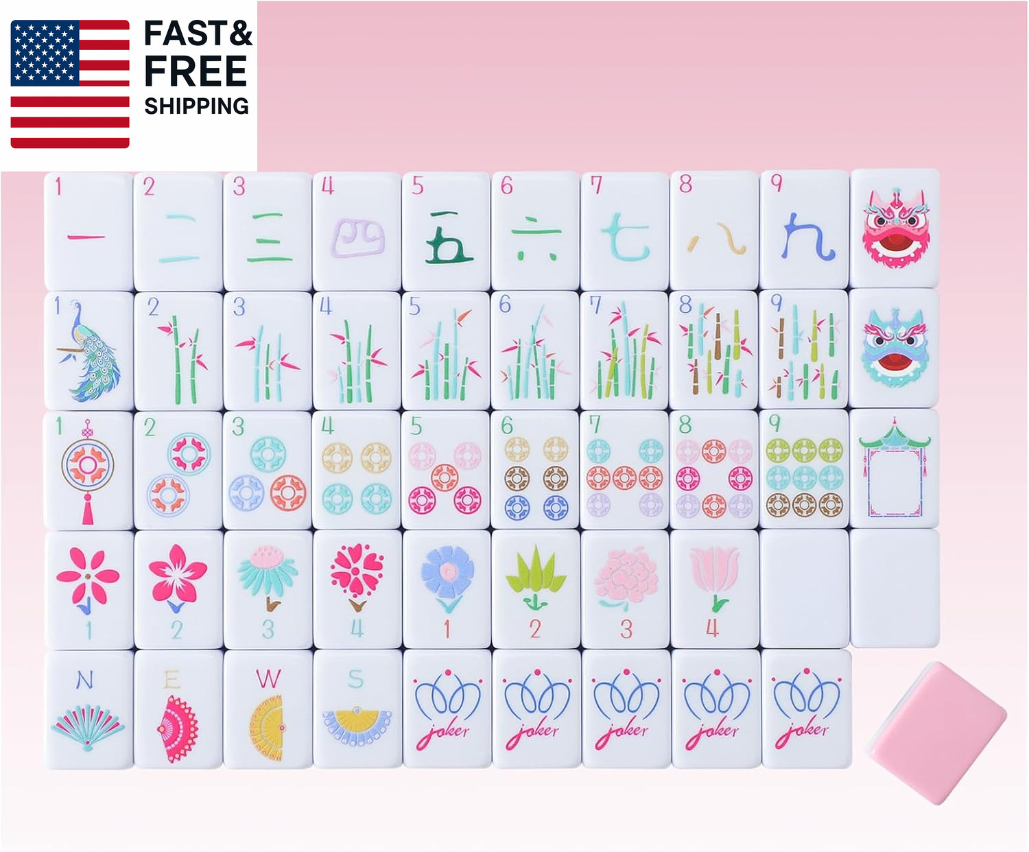 160 Pink American Printed Mahjong Game Set with Carrying Bag and Accessories