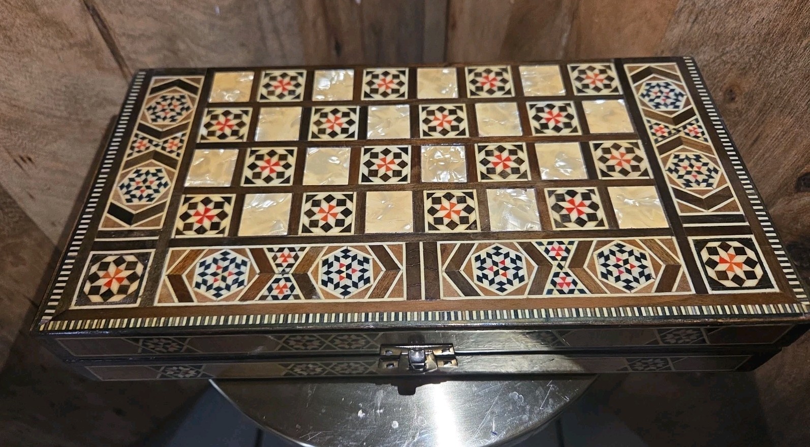 Vintage Mosaic Inlay Chess Backgammon Set Handcrafted Wood Marquetry Game Box