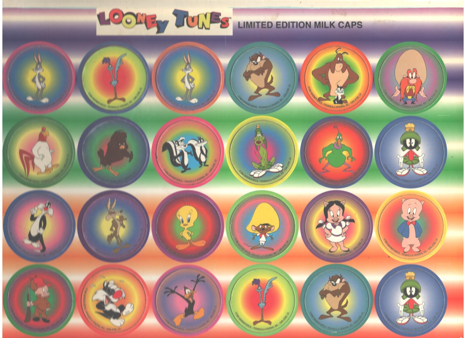 RARE SET OF LIMITED EDITION POGS! ” LOONEY TUNES” SET OF 24 ON CARD!