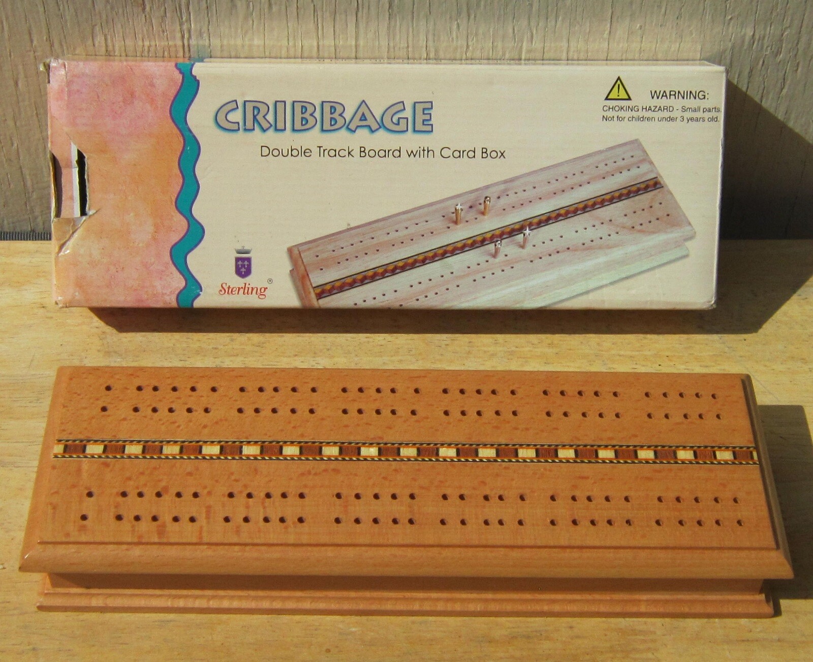 Sterling WOODEN BOX w/ INLAY Double Track CRIBBAGE BOARD Sunnywood 2000