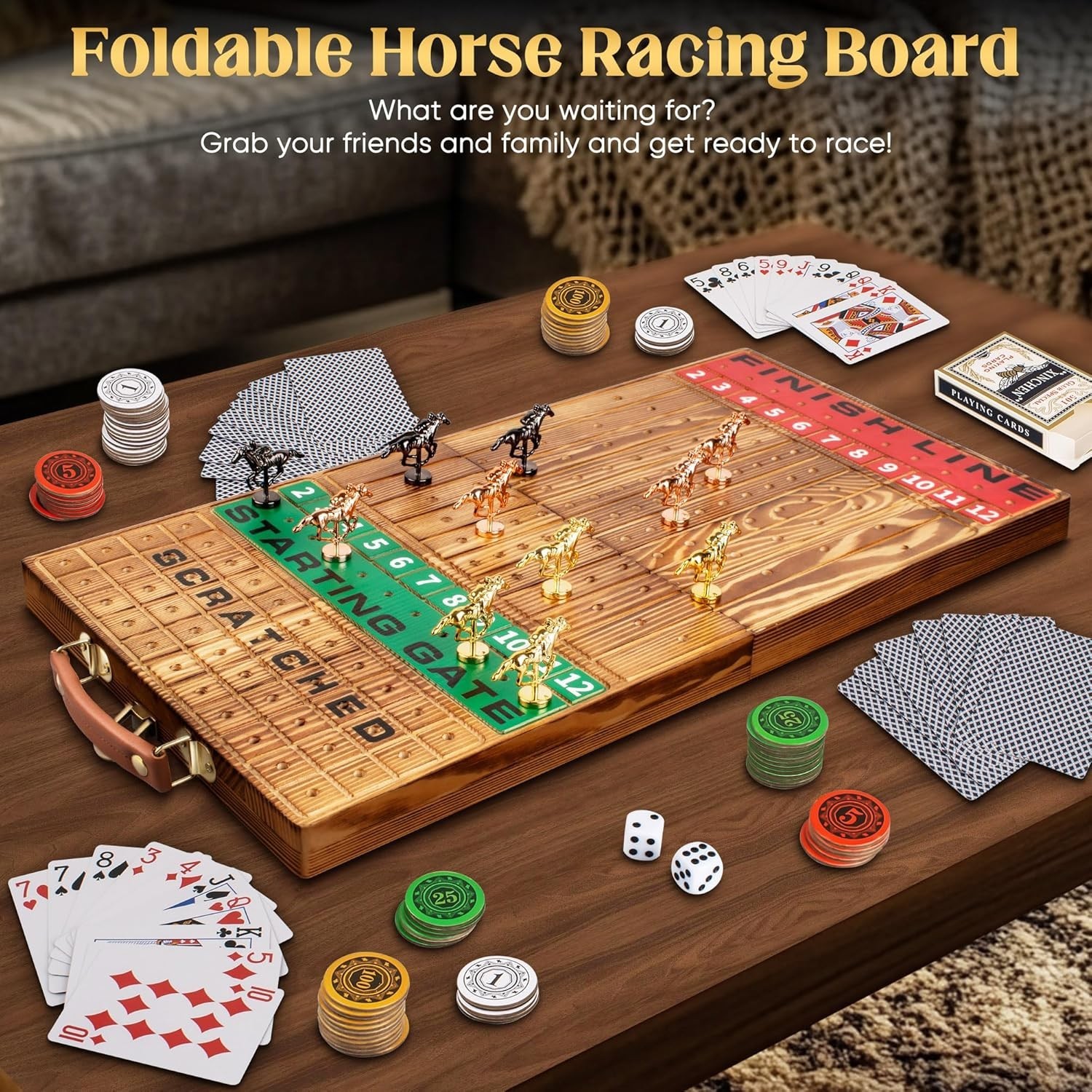 Horse Racing Game, Foldable Solid Wood Horse Games, Horse Race Board Game with 1