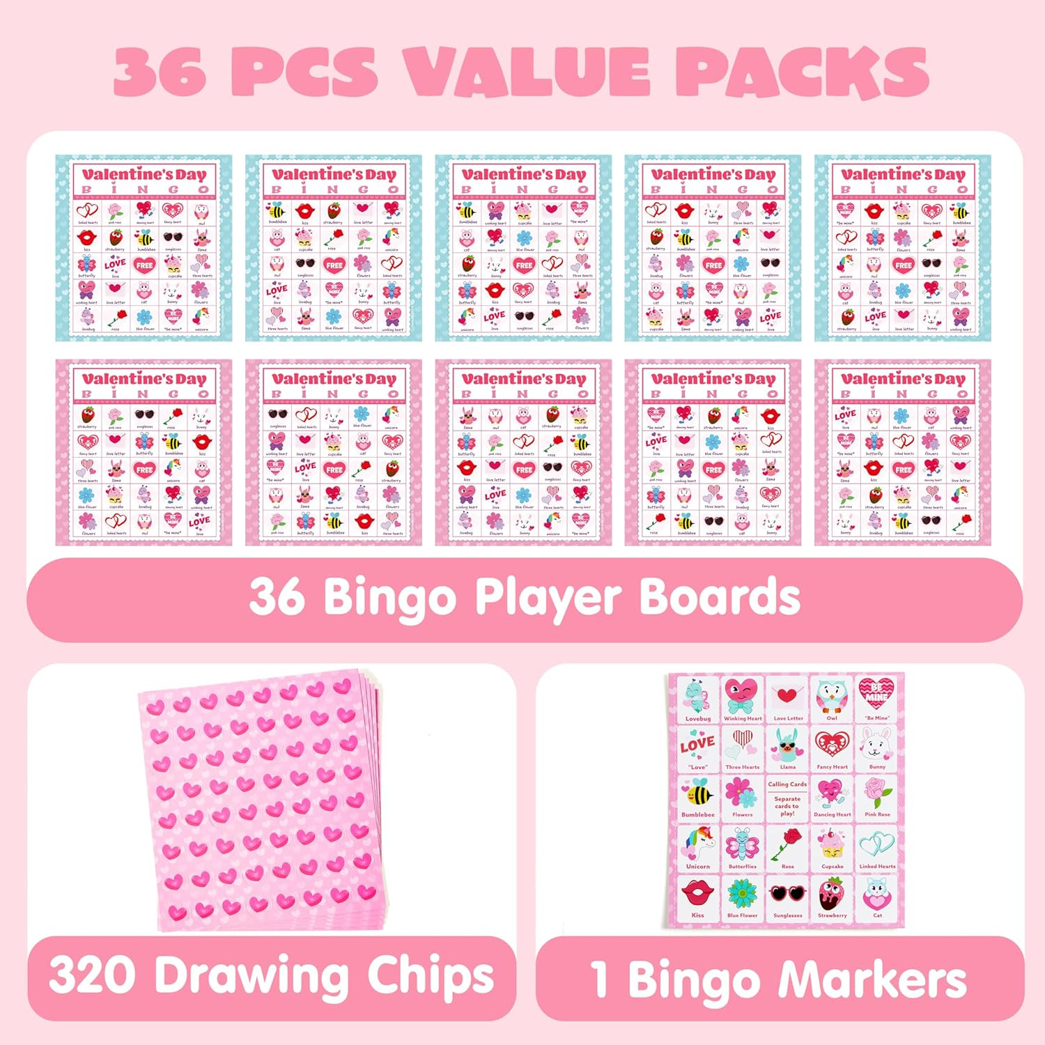 36 Player Valentines Bingo Cards 5×5 Kids Classroom Party Game Fam Activity Fun!