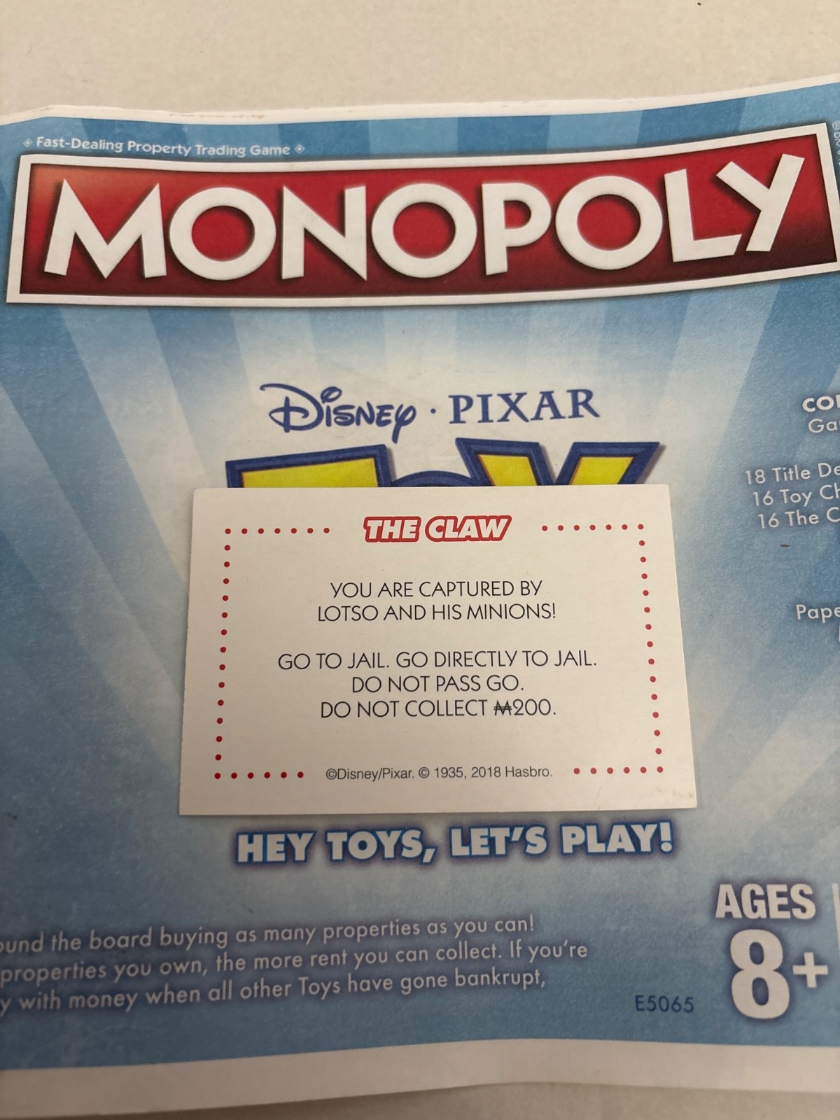 2018 Monopoly Toy Story You Are Captured Lotso Go To Jail Chance Claw Card Game