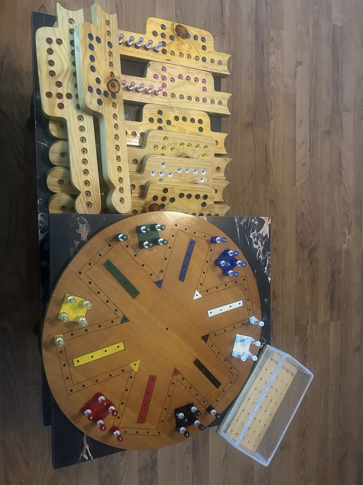 Beautiful Vintage Handmade Wooden Aggravation Fast Track Game Board & Pegs