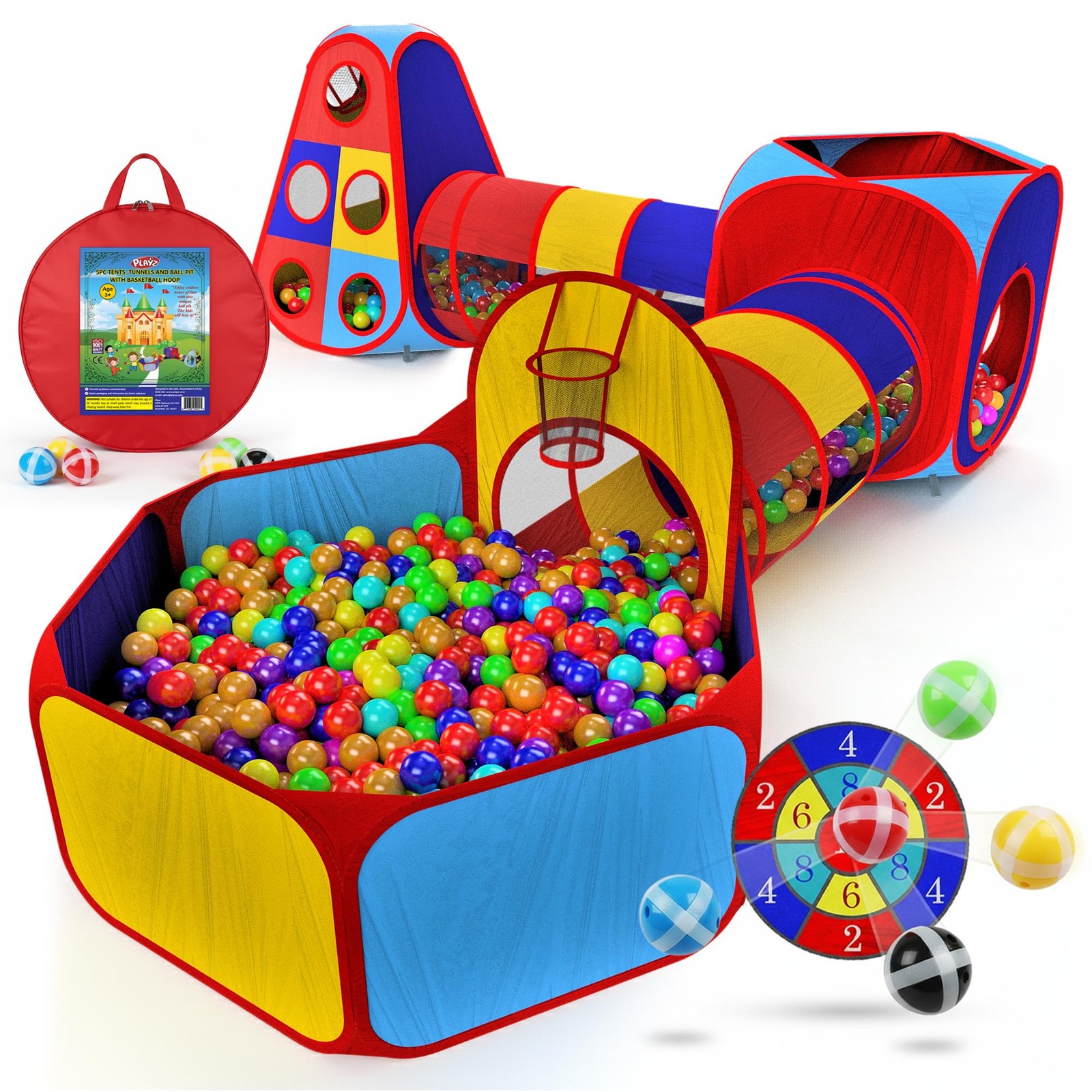 Kids Play Tent Tunnel 5pc Ball Pit Basketball Hoop Crawling Tubes Playz Tents