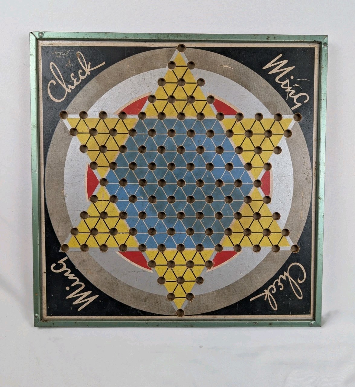 Vintage Chinese Checkers MING CHECK Board Game Reverses To Checkers Metal Frame