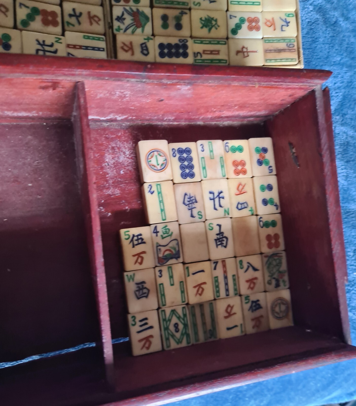 Mahjong Antique BOVINE BONE & BAMBOO MAH JONG Jongg 148 TILES 96 Pegs c.1920s