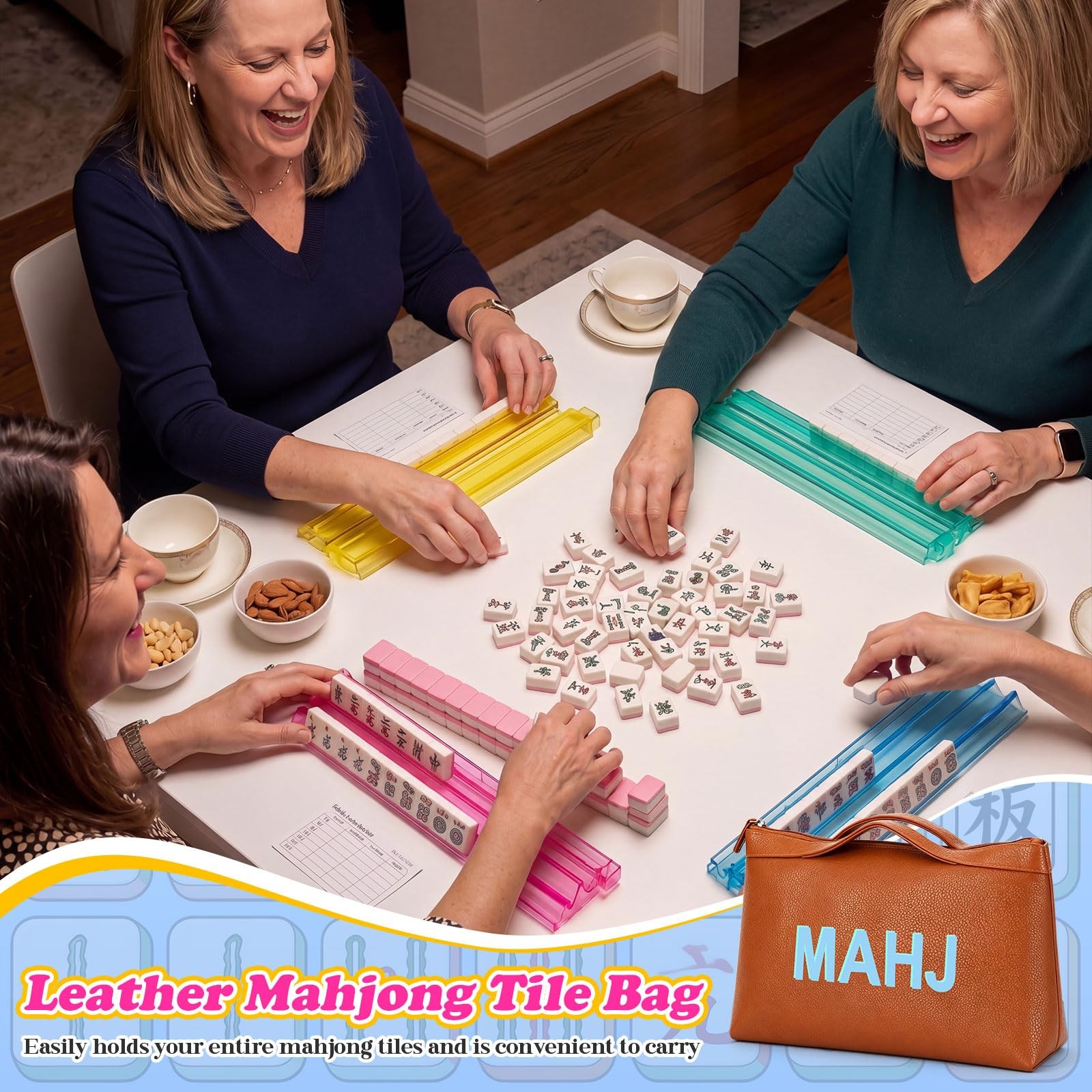 Leather Mahjong Tile Bag with Zipper Handle Lining Mahjong Storage Pouch for …