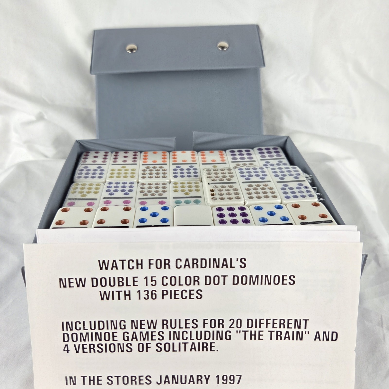 Vintage Double 15 Dominoes by Cardinal Complete 136 Domino Set Case Multi Color