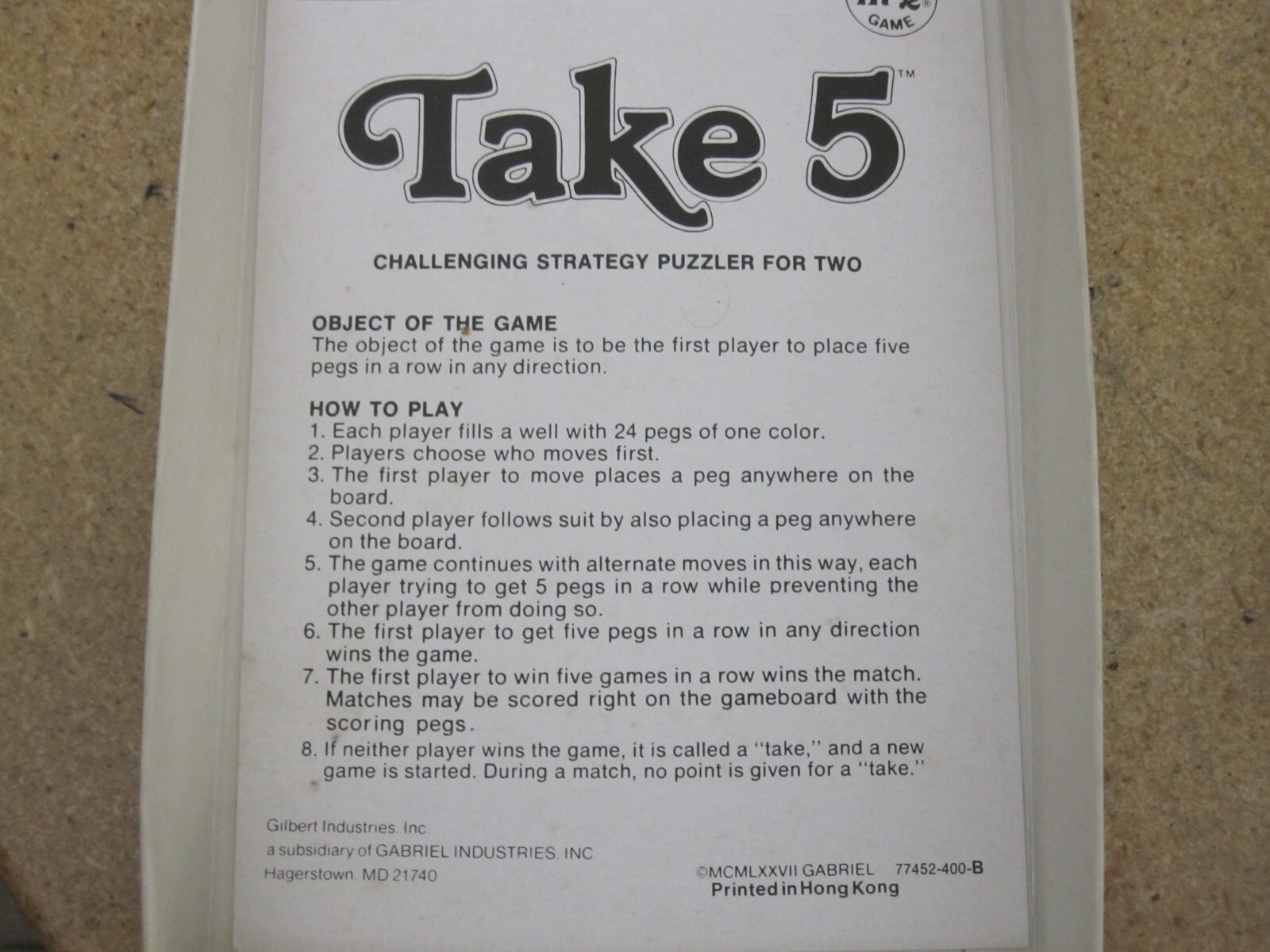 TAKE 5 by Gabriel Strategy Game Hi-Q Puzzle Vintage 1977 with Instructions