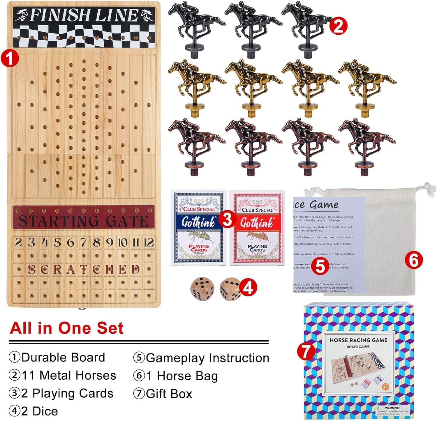 23-Inch Horse Racing Game with 11 Metal Horses, Dice Cards for Parties