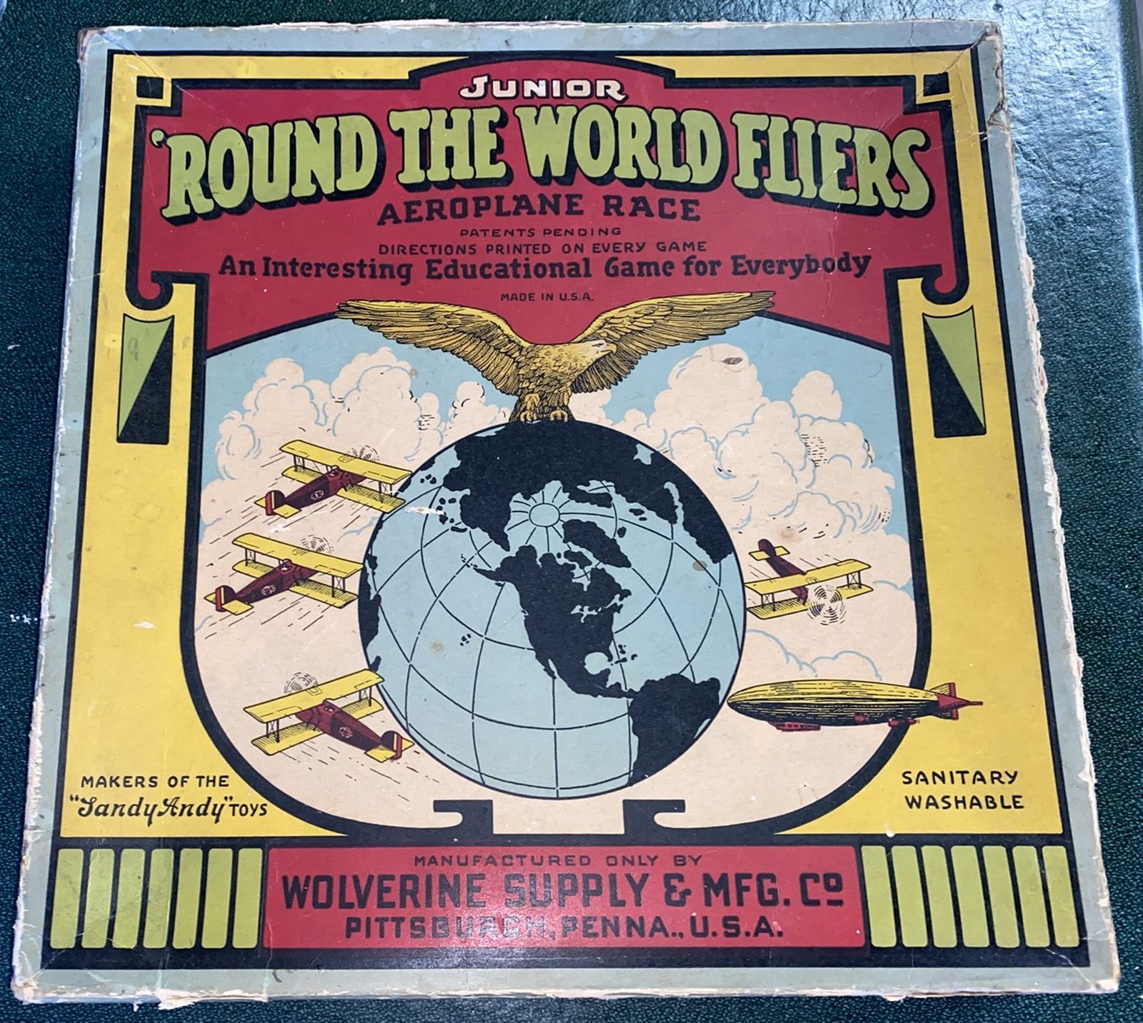 Antique Wolverine Round the World fliers metal lithographed board game in box!