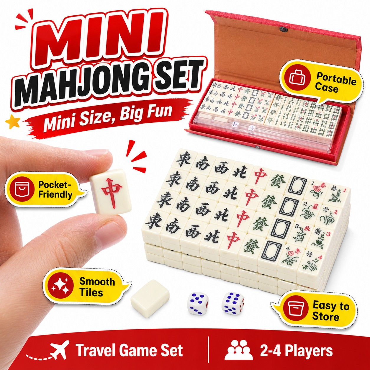 Mini Mahjong Set 144 Tiles 2 Dice Travel Board Game Storage Case Gift for Kids!!