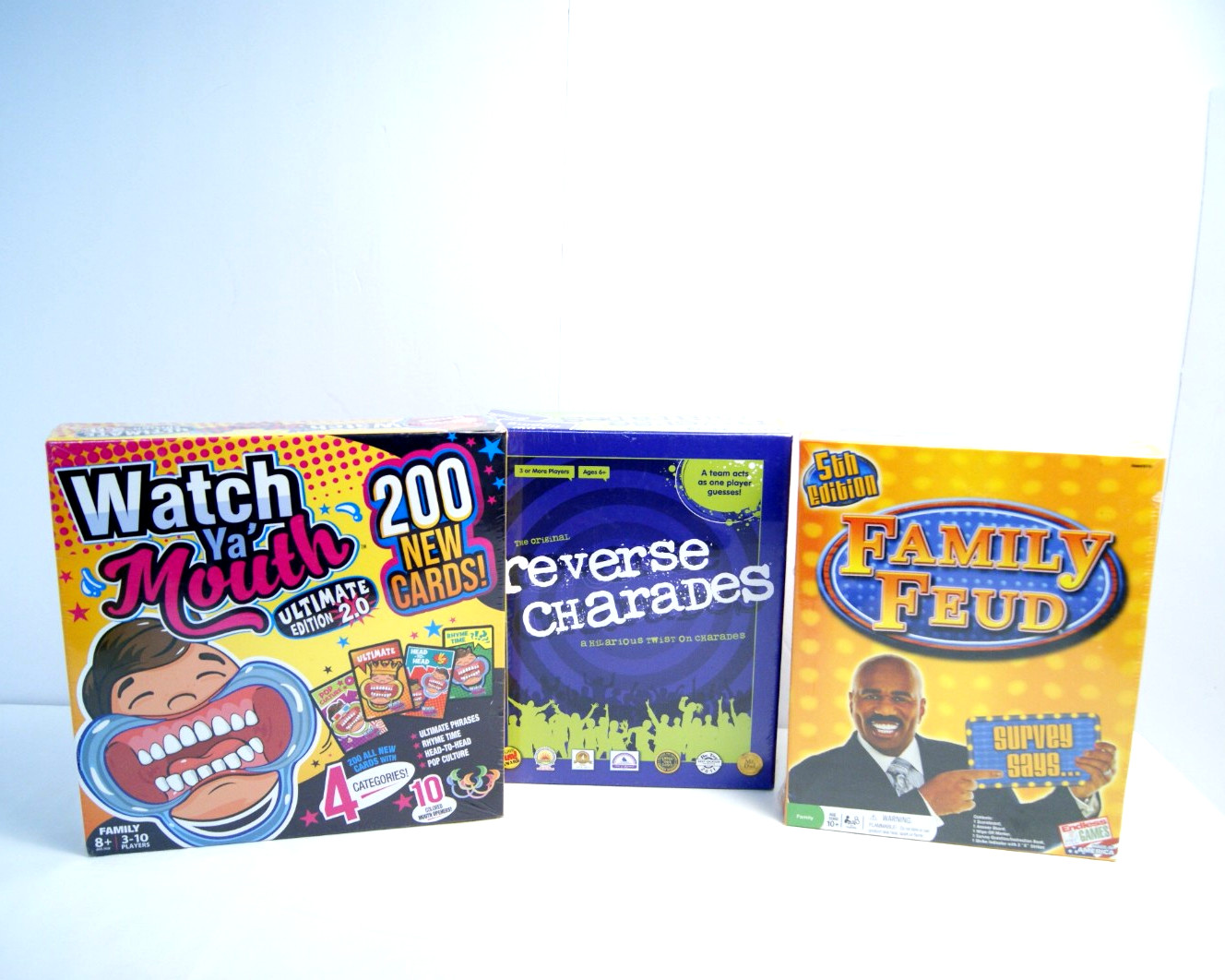Party Game Lot (3): Watch Ya Mouth, Family Feud, Reverse Charades New Sealed