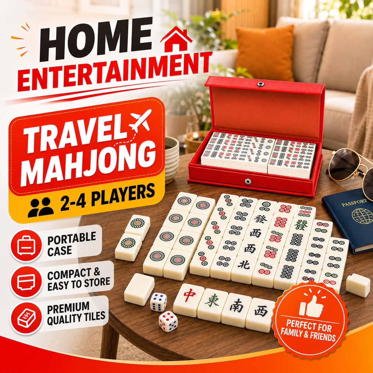 Travel Size Mahjong Set 144 Tiles 2 Dice Compact Red Case Family Gift Game