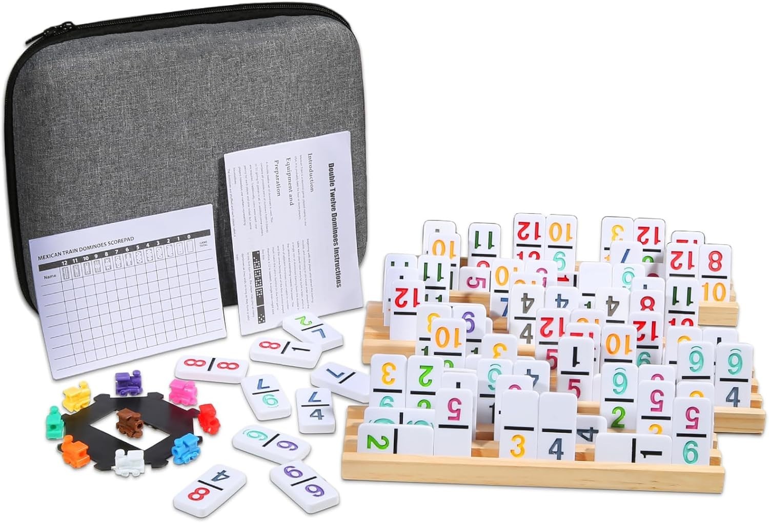 Mexican Train Numbers Dominoes with 4 Wood Trays, Color Double 12 Numerical Domi
