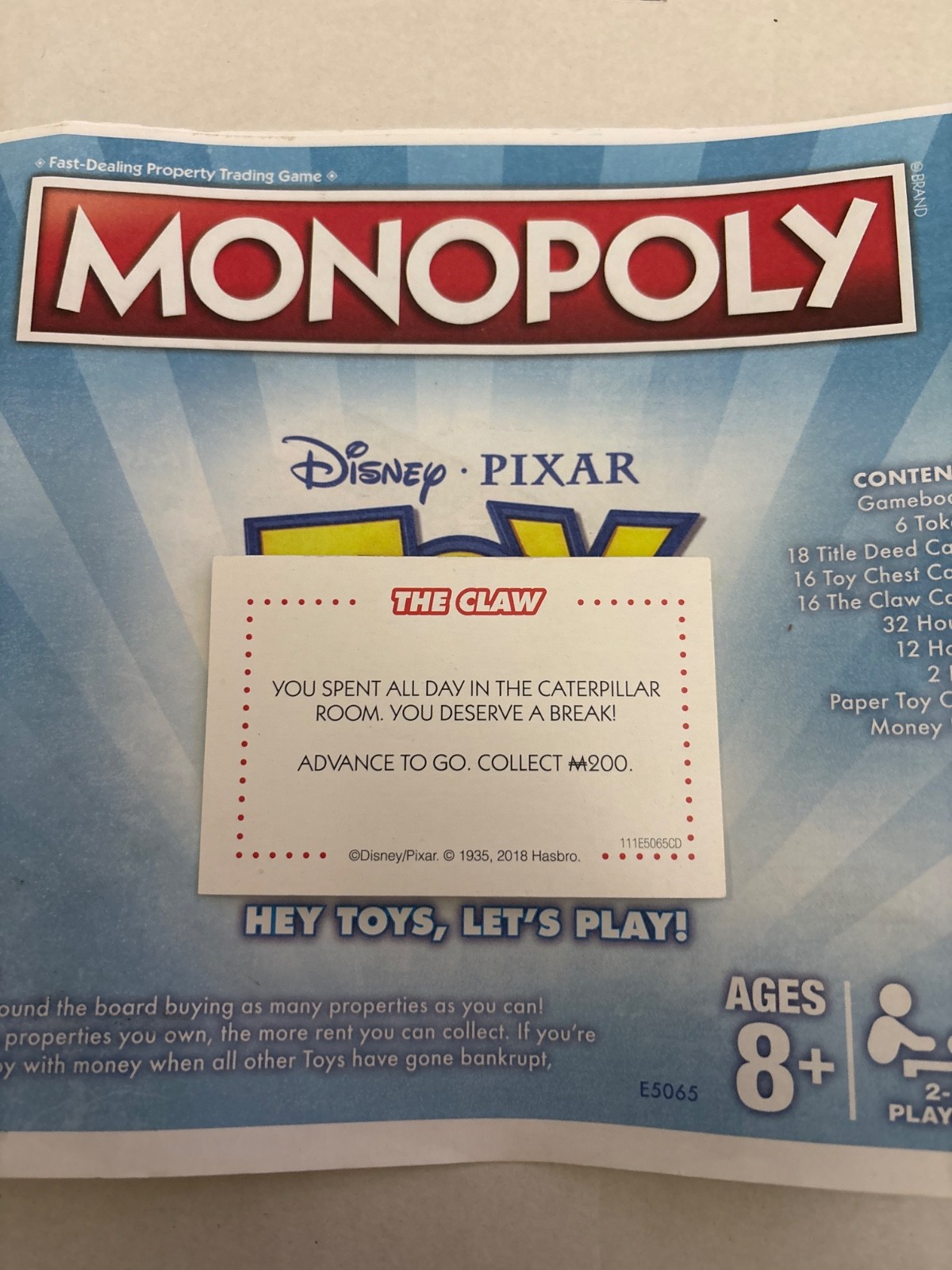 2018 Monopoly Toy Story All Day Caterpillar Advance To Go Chance Claw Card Game