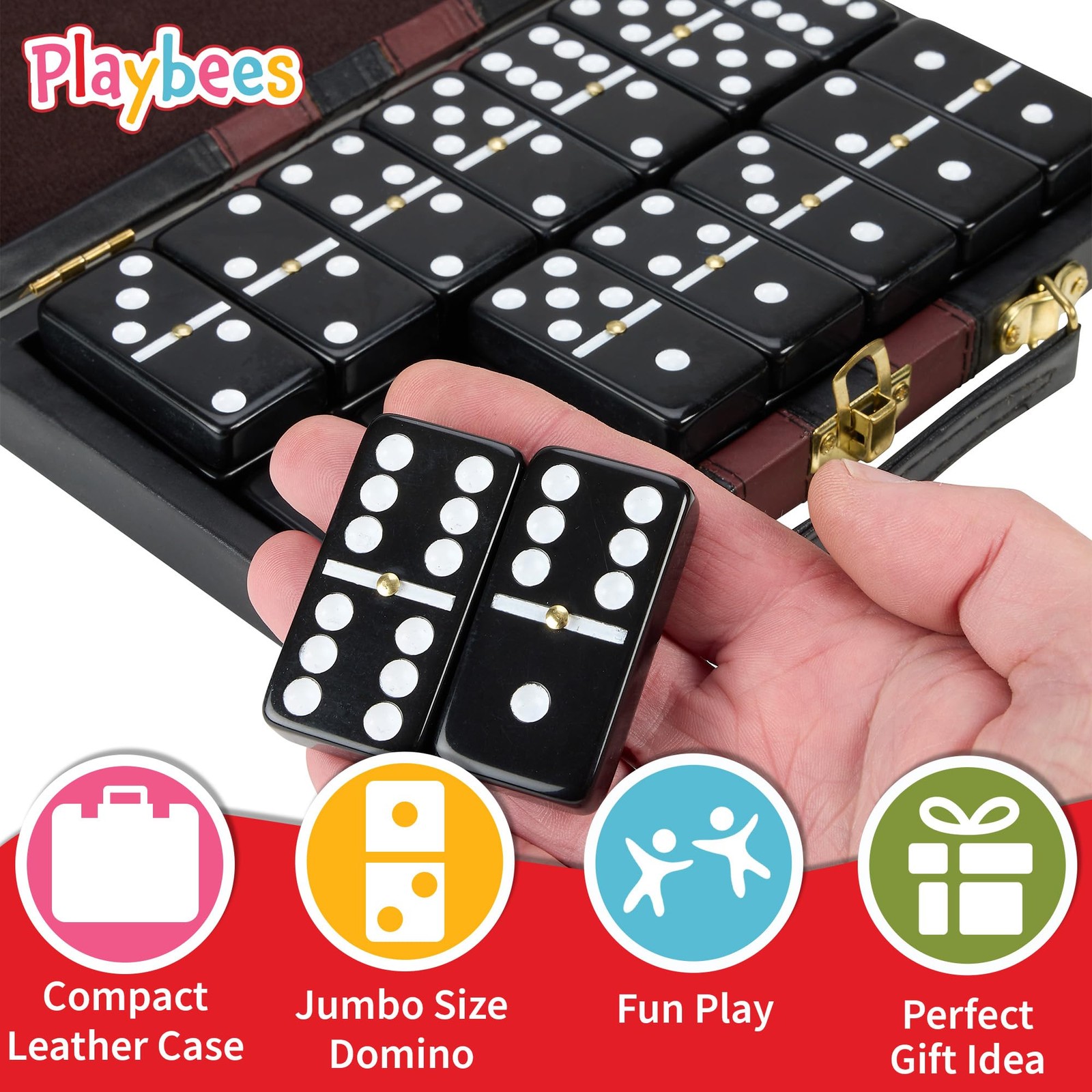 Playbees Jumbo Double Six Dominoes Set – 28 Black 9 x 5.5 x 1 inches,