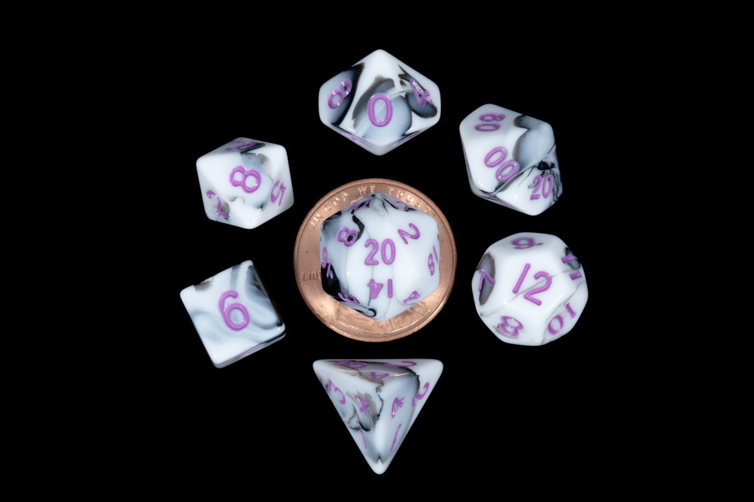 12mm Marble White-Black w/Purple Dice Set DnD Rpg