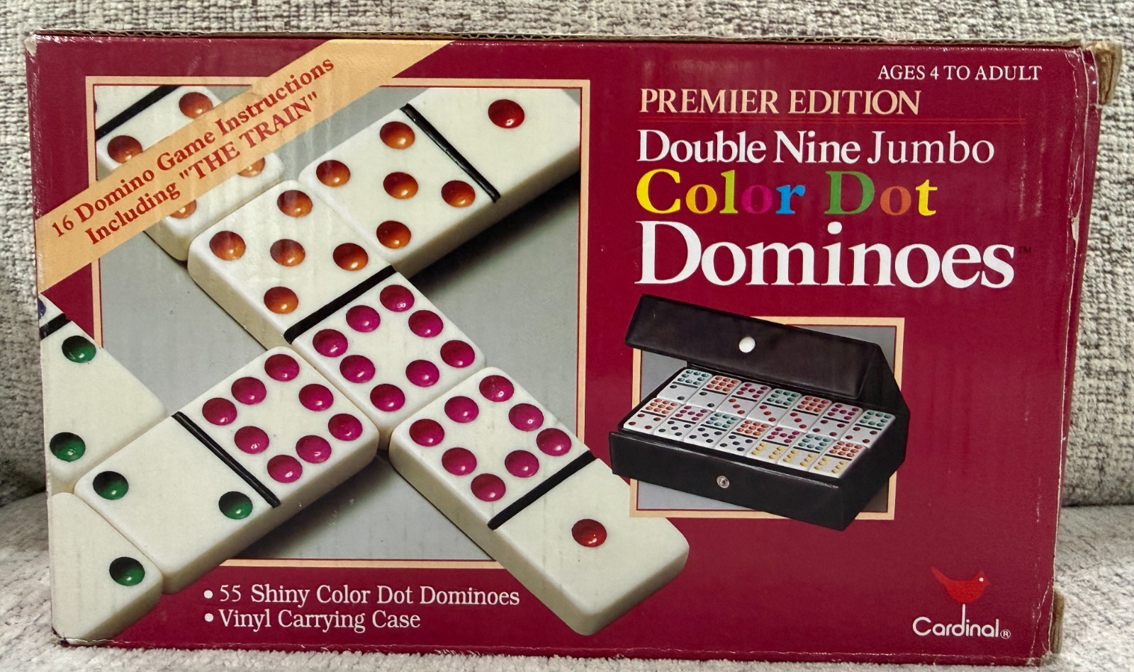 Cardinal Premier Double Nine Jumbo Color Dot Dominoes Set Vinyl Case NEW