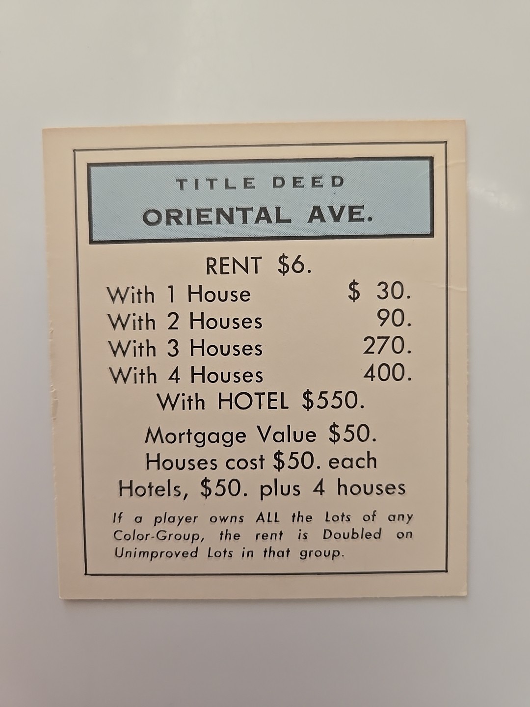 1985 Vintage Monopoly Oriental Ave Light Blue Title Deed Card Game Piece Part