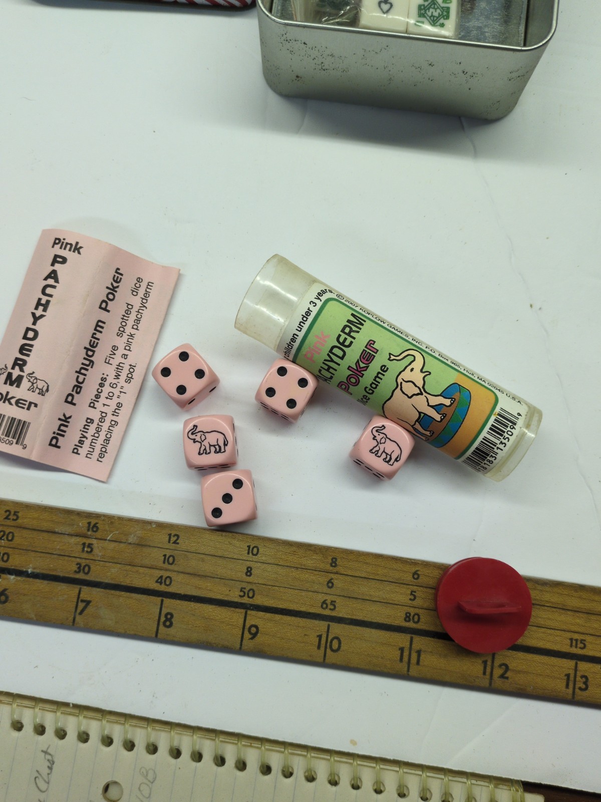 Vintage PhilipMorris Poker Tin w/ Cards, Poker Dice + Pachyderm Poker& LCR Game