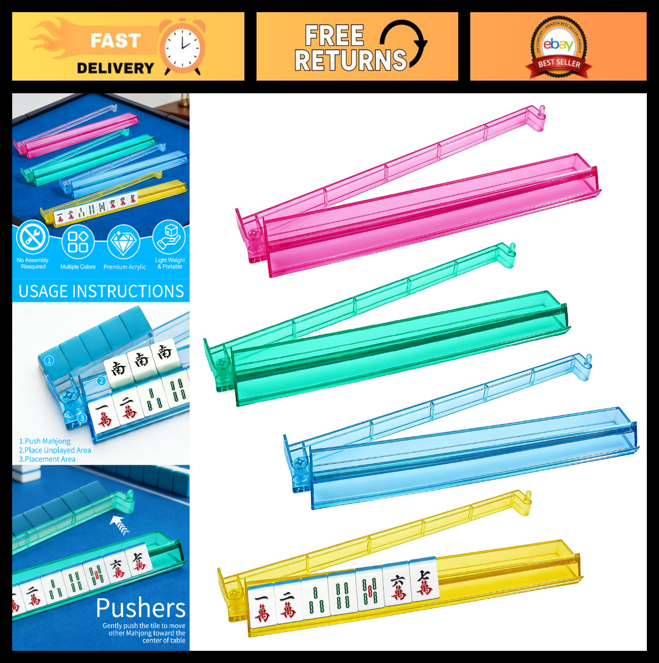 17.6″ Modern Mahjong Racks Set of 4 – Multi-Color Acrylic Pushers & Rods Combo