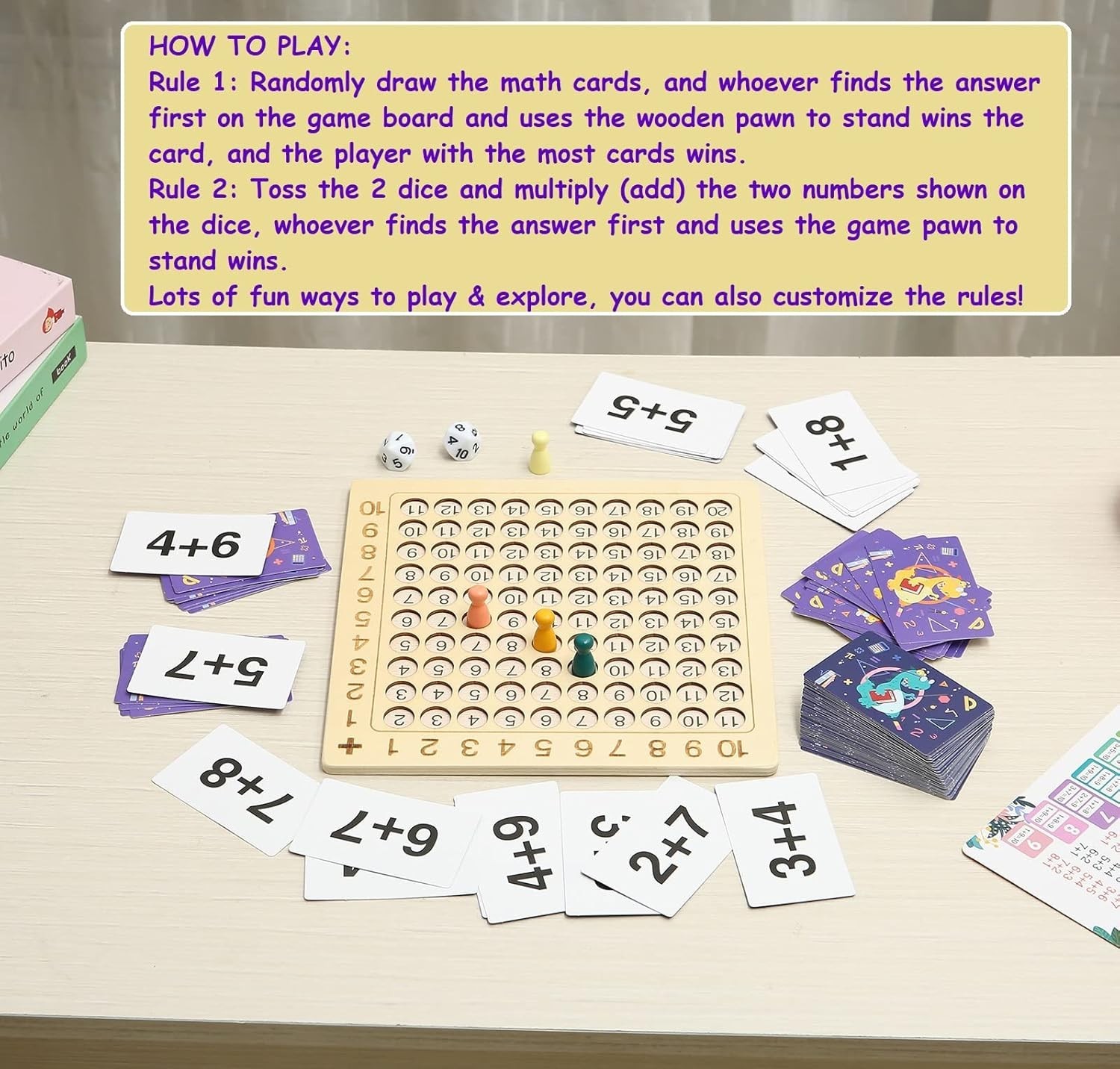 2 in 1 Math Board Game for Kids – Wooden Double Sided Table with Dice and Cards