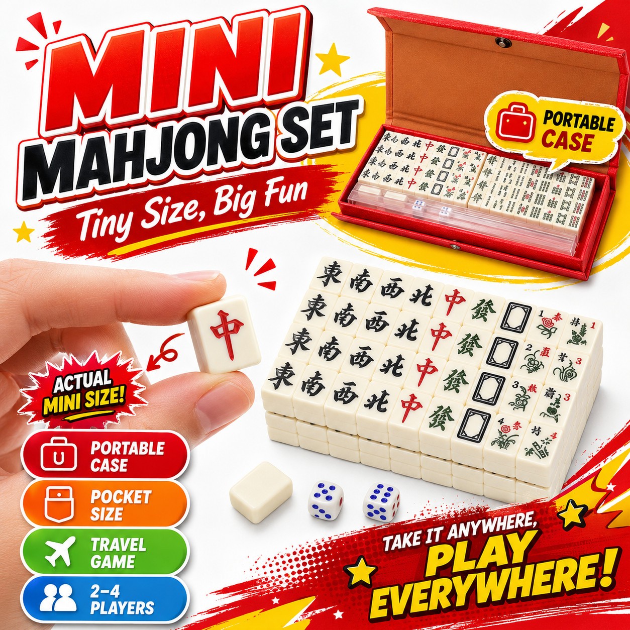Mini Mahjong Game Set Travel Size Tiles with Storage Case Dice Kids Adults Party