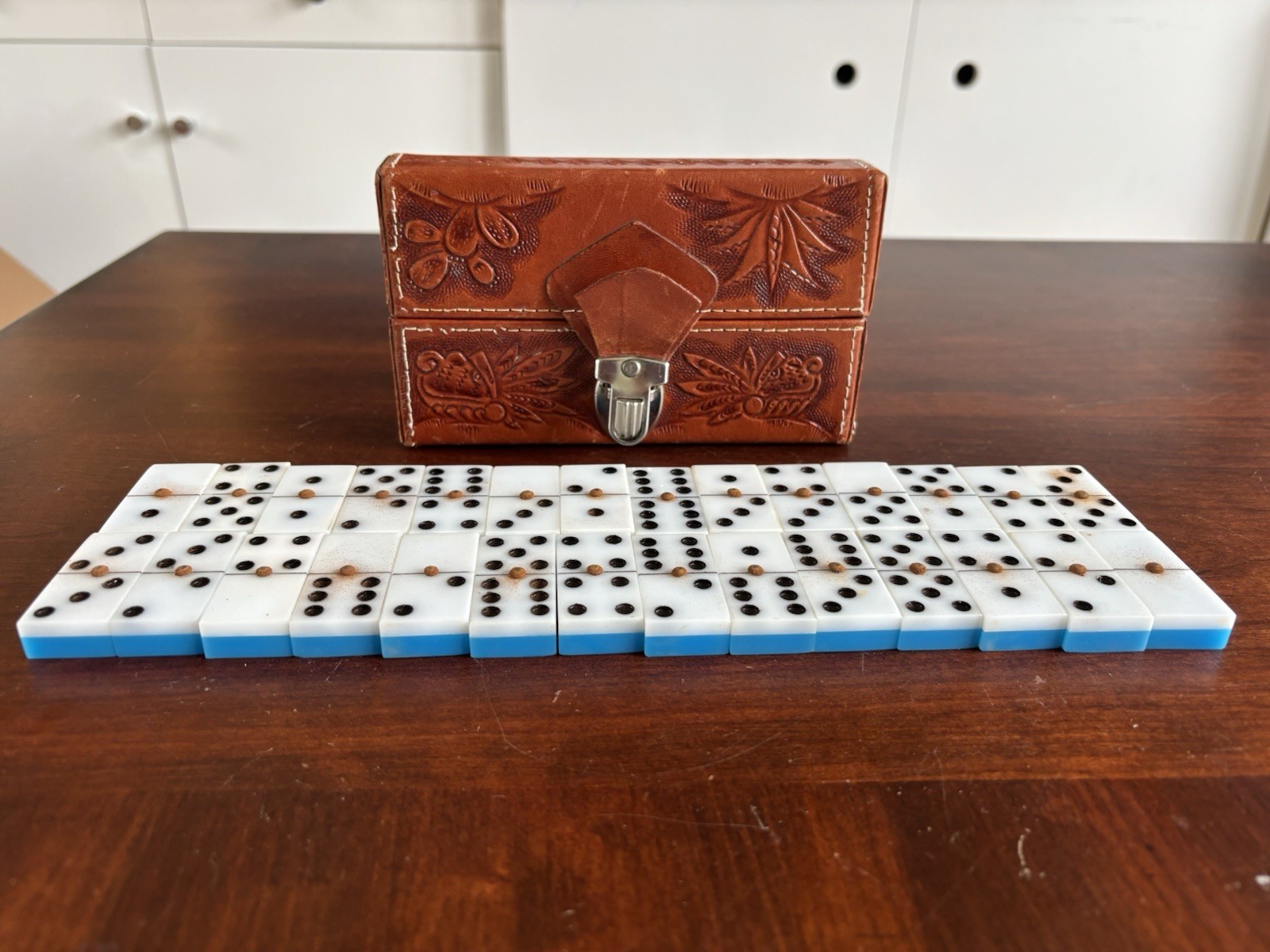 Vintage Mid-Century Double Six Domino Set in Tooled Leather Case Complete 28 Pcs