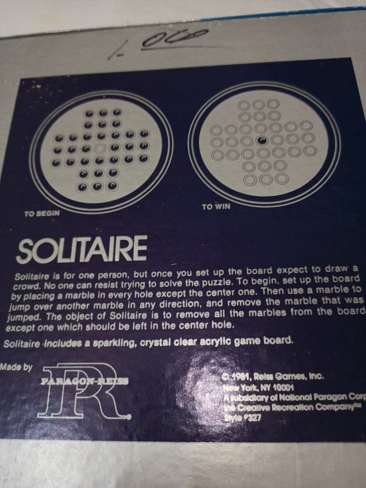 1981 Solitaire Game By Reiss Game Inc #327 Missing 2 Marbles