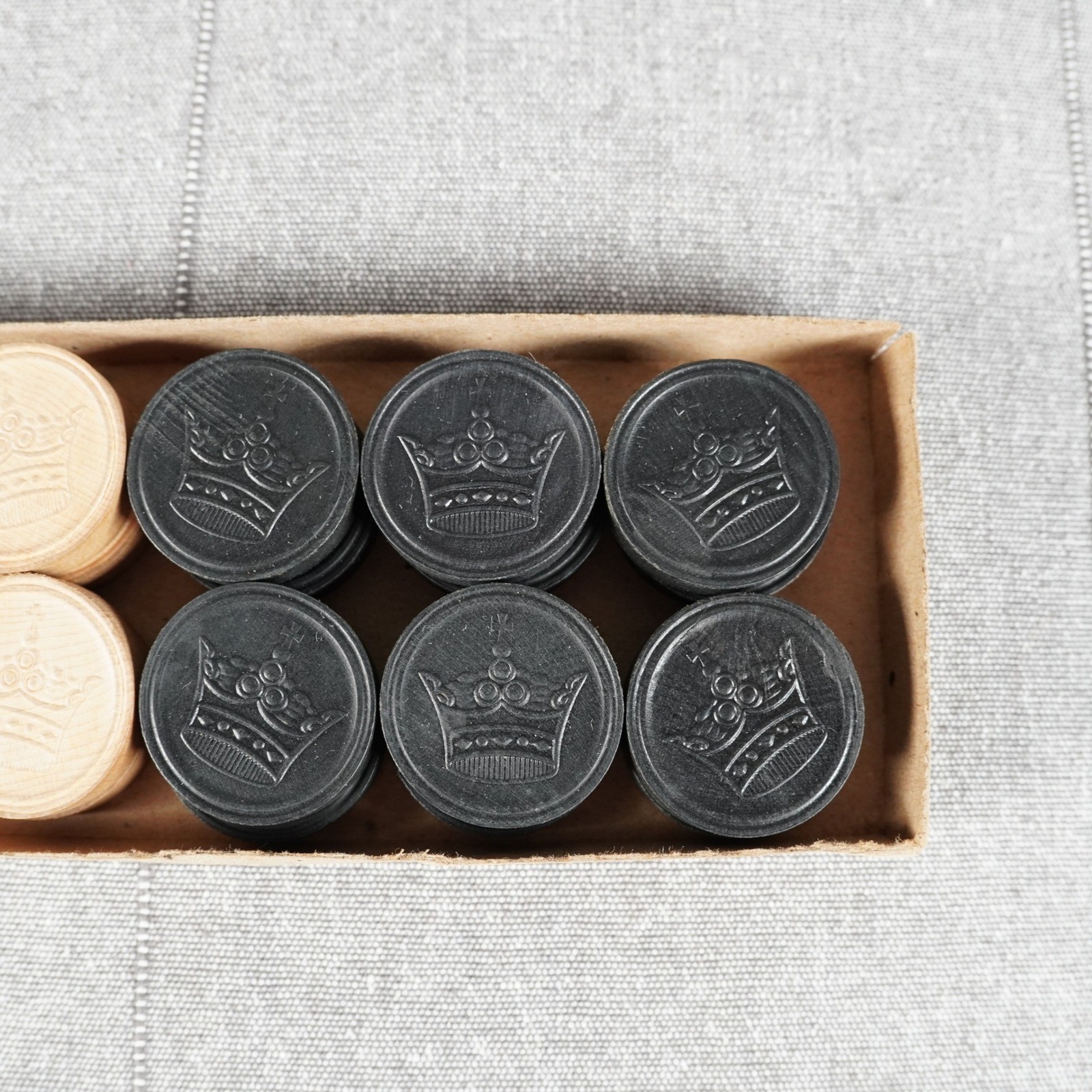 Vintage Wooden Checkers 24 Piece Set Hal Sam Made in USA Embossed Wood Game Box