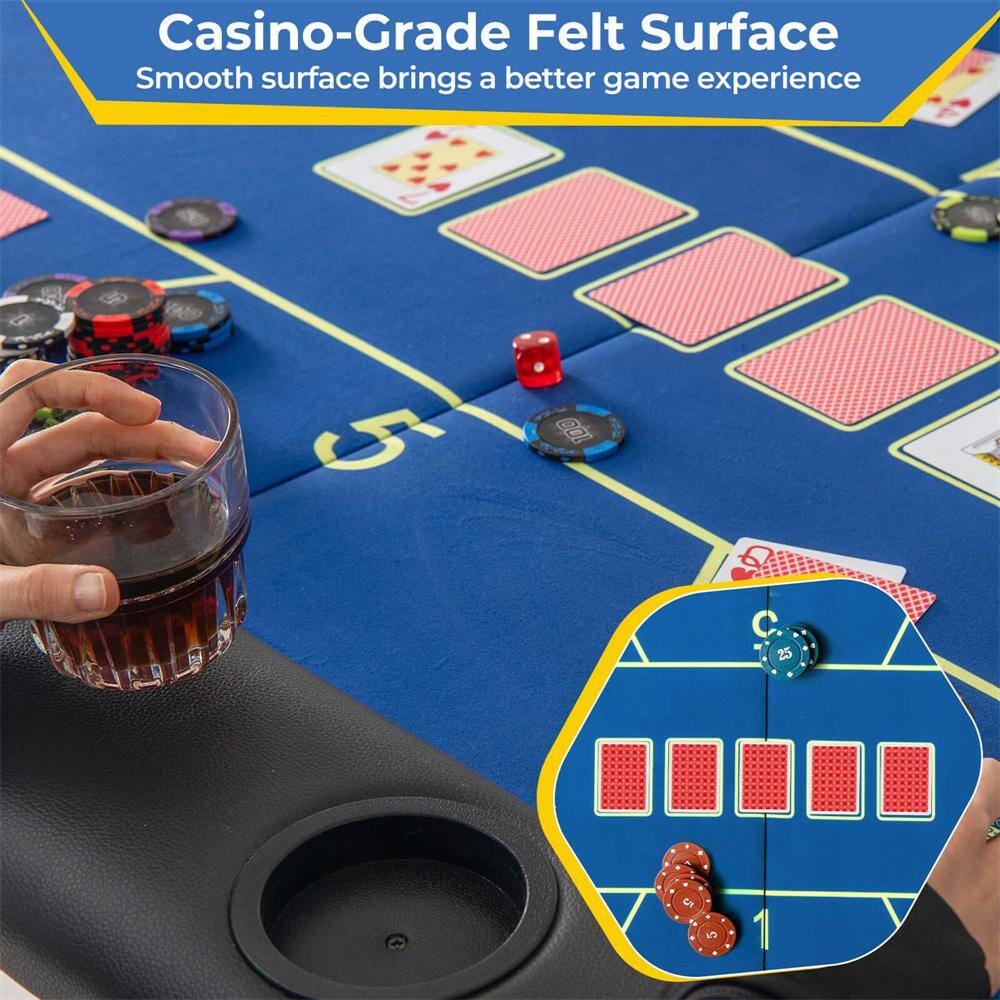 8 Players Card Board Game Table with 8 Cup Holders Casino-Grade Felt Surface Blu