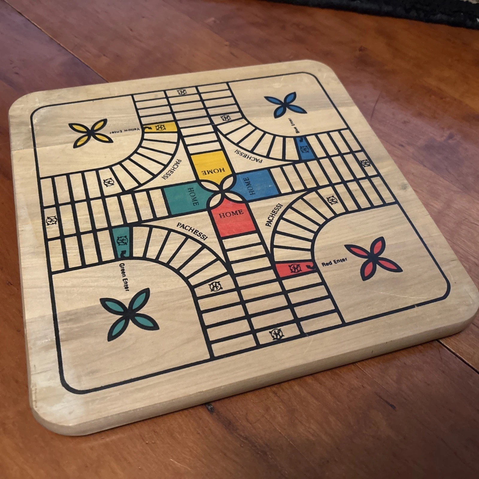 Vintage Wooden Painted Reversible Chess/Checkers/Pachesi Board Game 11″