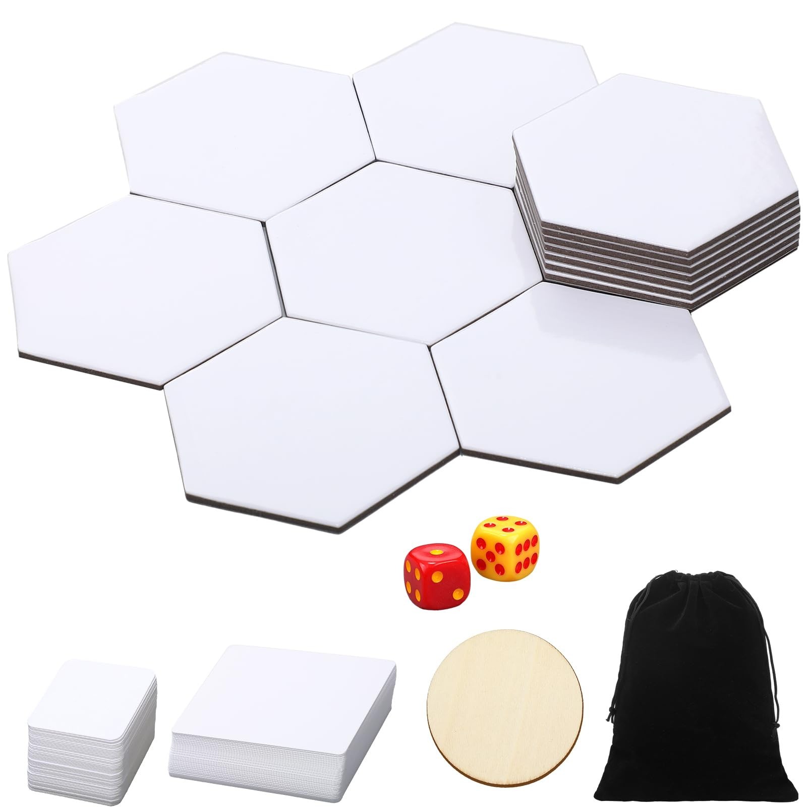 229 Pcs Blank Board Game Set – 20 Hexagon Tiles, Dice, Cards, Wood Chips & Bag –