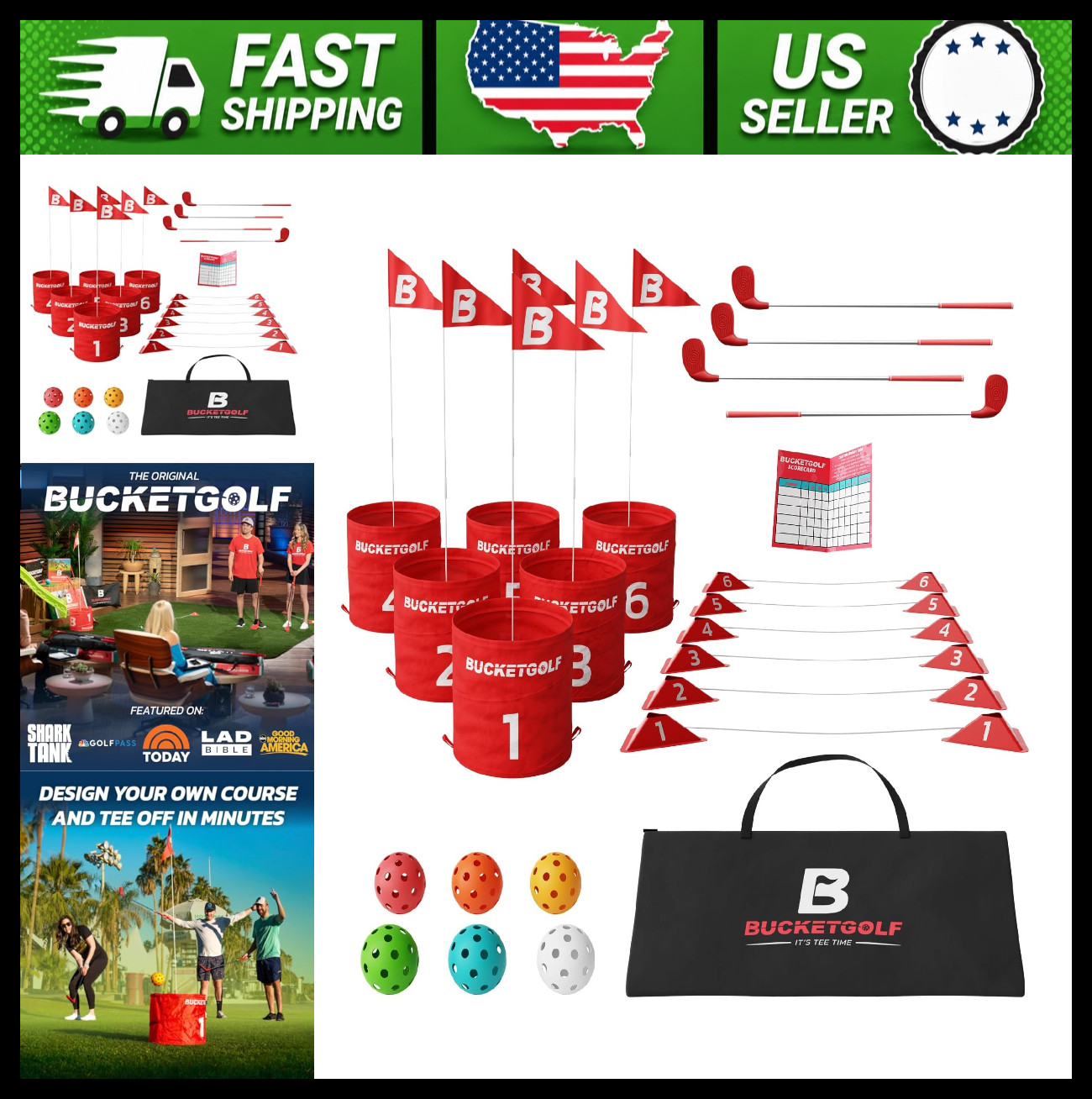 Bucketgolf 6-Hole Backyard Golf Game with 4 Clubs for All Ages