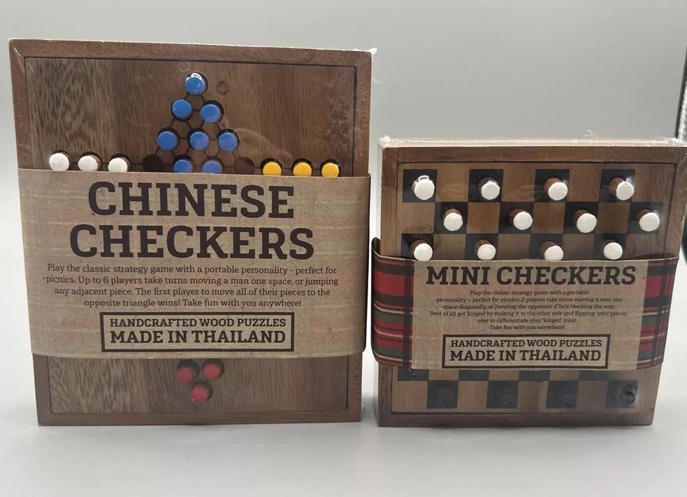 2 Mini Checkers Hand Crafted Wood Puzzles Made In Thailand