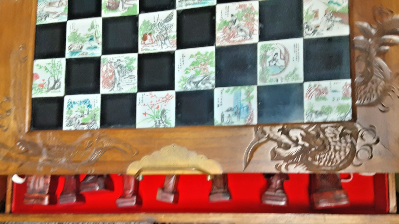 Antique handmade chess set made of natural wood and ceramic