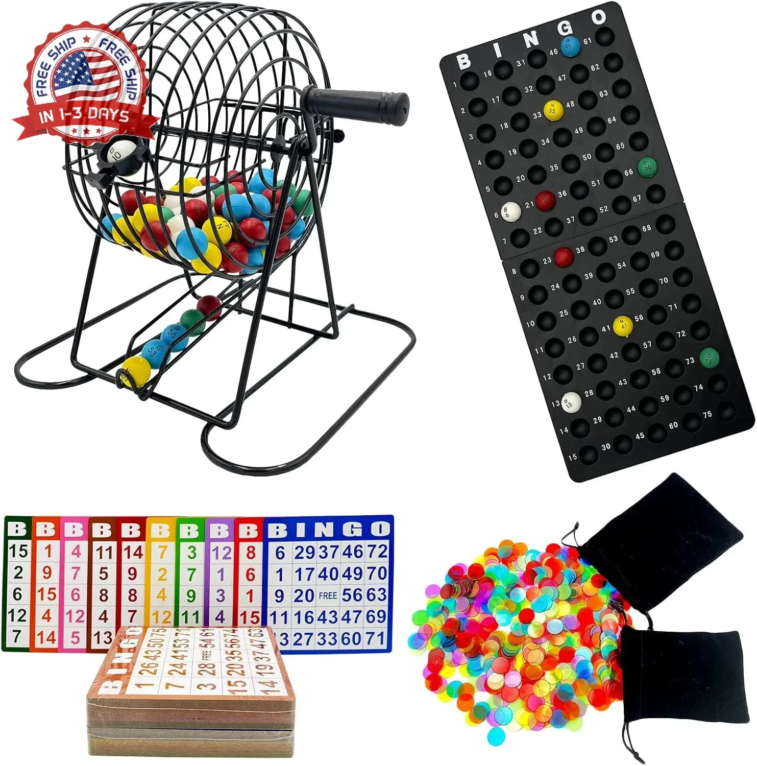 Bingo Game Set 600 Chips 100 Cards 75 Balls Cage Master Board for Parties