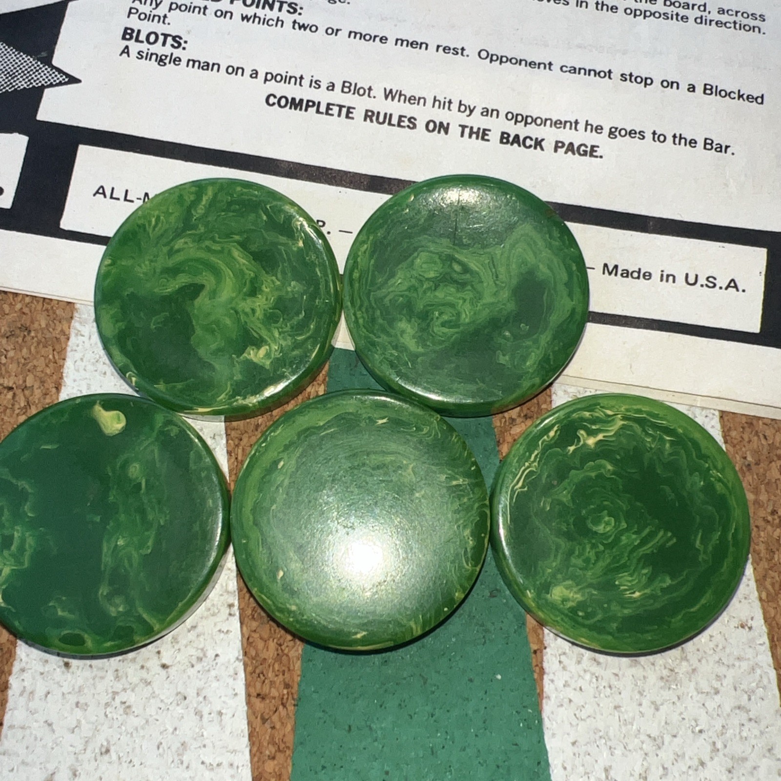 Vintage All-Mart Backgammon Set Bakelite/Catalin Green Swirl – Case Cork Board