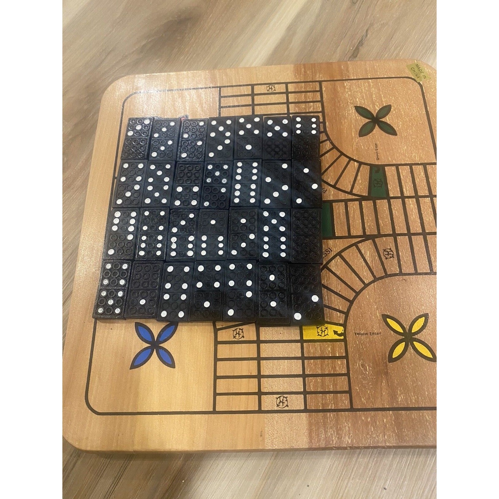 Wooden 4-in-1 Board Game Set: Chess, Checkers, Dominoes, Parchessi Reversible