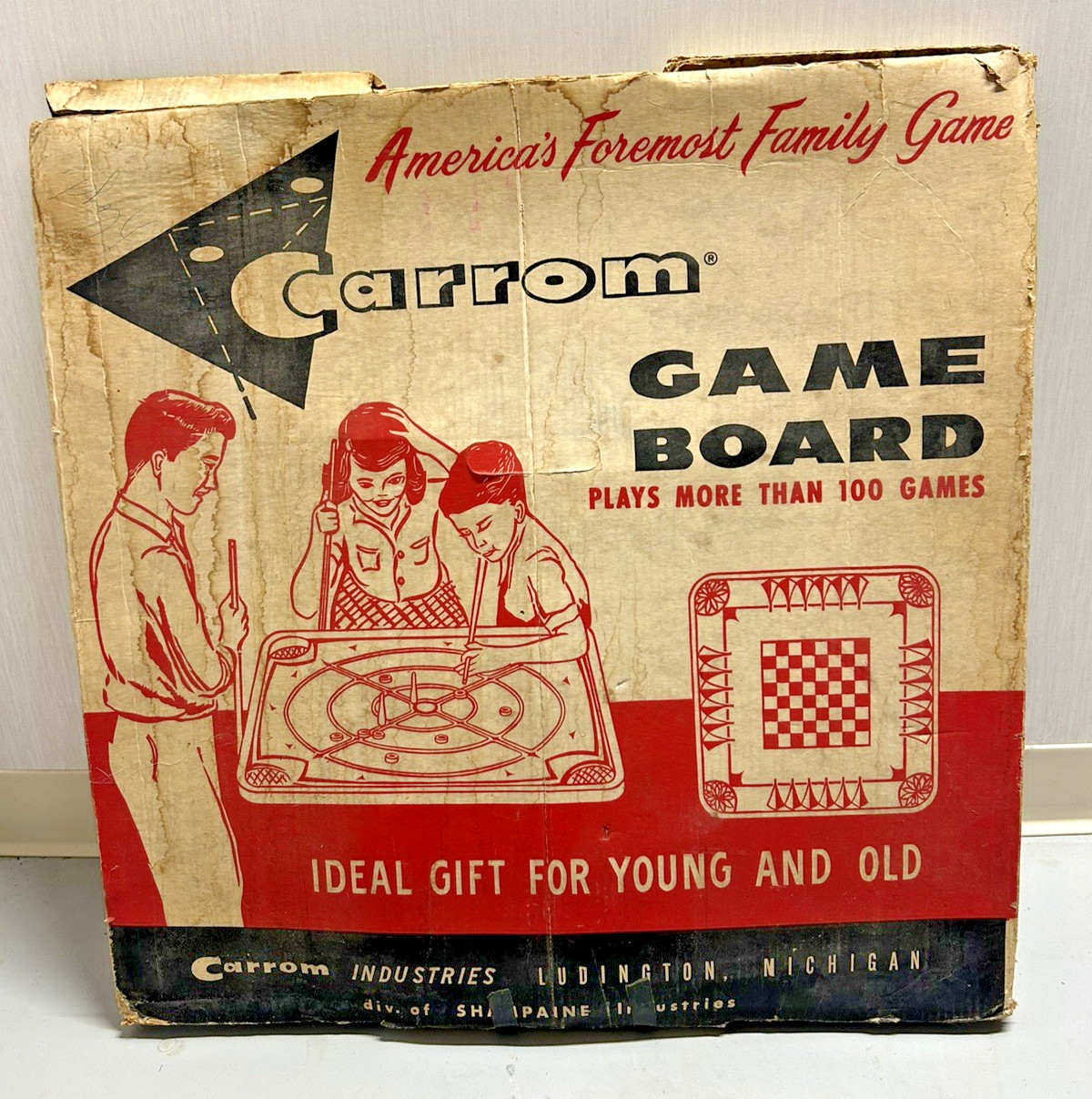 Vintage 1960s Carrom Double Sided Board PLUS Game Pieces and Box! Game no. 106