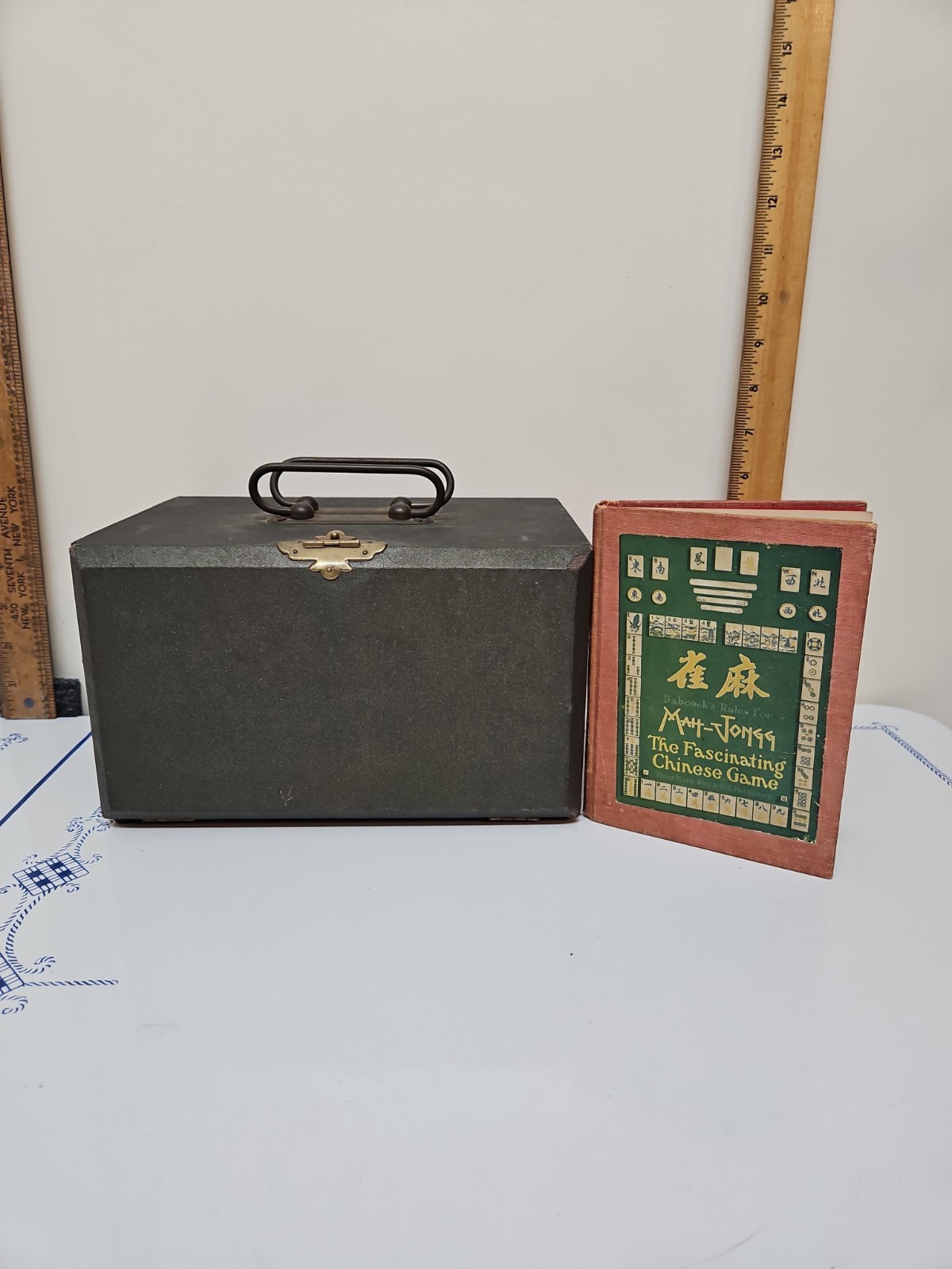 MAHJONG SET. With Beautiful Bone and Bamboo Tiles in Ornate Case W/Book Antique